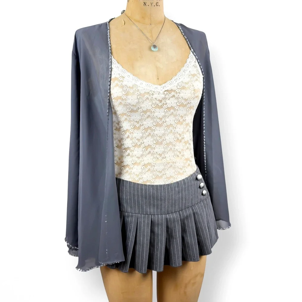 Y2K Sequin Trim Sheer Cardigan Open Front Fairy Grunge Whimsical Size M-XL - Picture 4 of 10